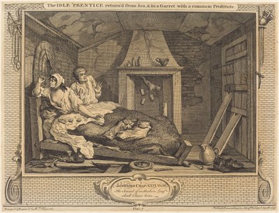 Der faule Lehrling kehrt vom Meer zurück und ist in einer Dachkammer mit einer gewöhnlichen Prostituierten von William Hogarth