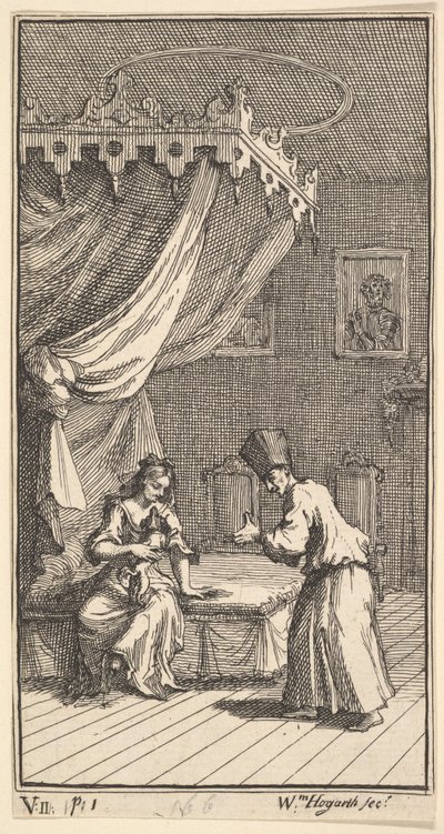 Die neue Metamorphose, Platte 5: Fantasio, in einen Schoßhund verwandelt, mit Donna The von William Hogarth