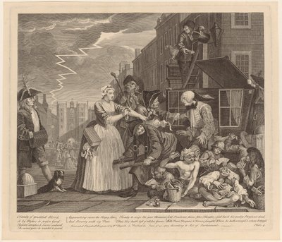 Wegen Schulden verhaftet, Blatt 4 der Folge „Leben eines Wüstlings“ von William Hogarth