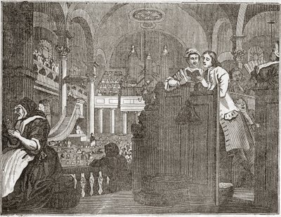 Der fleißige Lehrling, der die Pflicht eines Christen erfüllt, aus der Serie „Industry and Idleness“, Oktober 1747 - Platte aus einer Serie von 12 Stichen von William Hogarth, britischer Illustrator, betitelt „Industry and Idleness“. von William Hogarth
