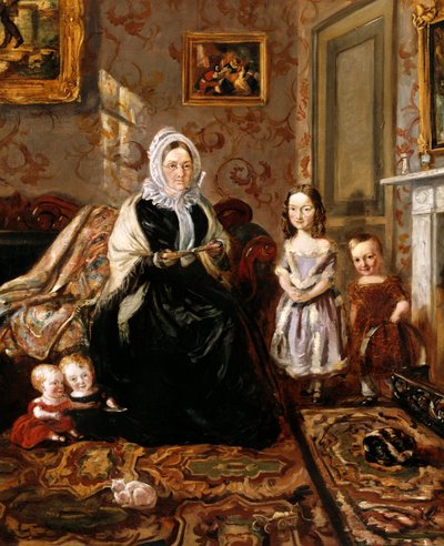 Gruppenporträt von Henry Clarks Schwiegermutter, Mrs. Davies, und vier seiner Kinder im Wohnzimmer seines Hauses, 186 High Street, Homerton, um 1846 von William Holman Hunt