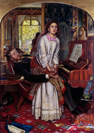 Das Erwachen des Bewusstseins. Eine junge Frau in Sünde springt plötzlich auf, geplagt von spiritueller Offenbarung, und versucht, den Armen ihres Liebhabers zu entkommen von William Holman Hunt