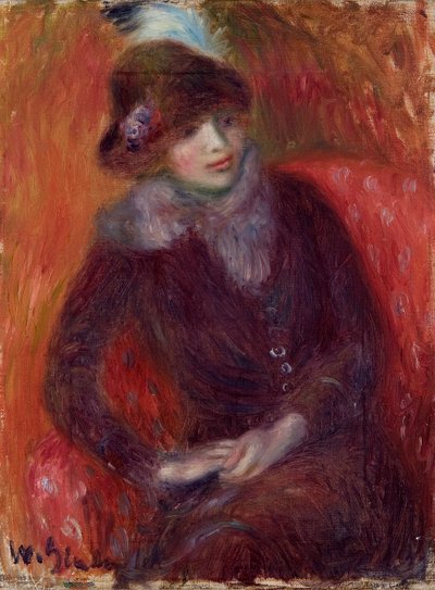 Sitzende Frau mit Pelzkragen und rotem Hintergrund von William James Glackens