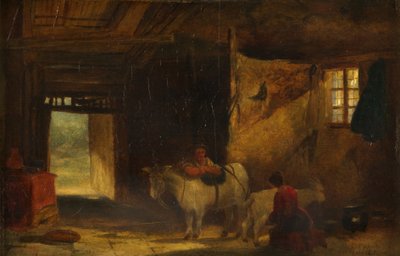 Ein walisisches Interieur mit einem Mädchen, das eine Ziege melkt von William James Muller