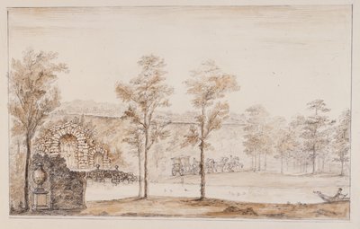 Chiswick, Entwurf für einen rustikalen Wasserfall und eine Brücke gegen die Terrasse (Feder und Tinte und Waschung über Bleistift auf Papier) von William Kent