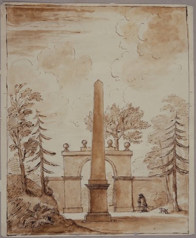 Chiswick, Ansicht des Burlington Lane Tors, der Obelisk im Vordergrund und Kent mit Hund von William Kent