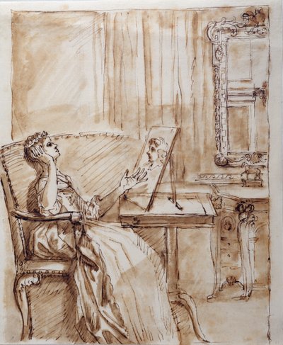 Lady Burlington sitzt in ihrem Gartenraum und bewundert eine alte Meisterzeichnung (?) von William Kent
