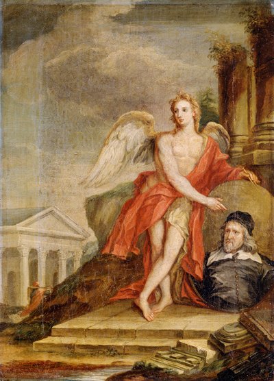 Der Genius der Architektur hält ein Porträt von Inigo Jones von William Kent