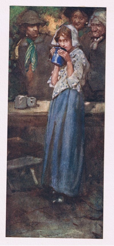 Noch das schüchterne Mädchen, halb bereit, gedrückt zu werden, wird den Becher küssen, um ihn zur Ruhe zu bringen (Farblithografie) von William Lee Hankey