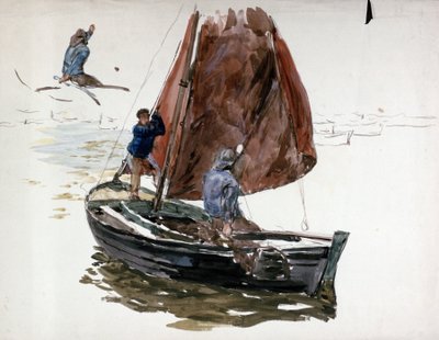 Ein Mann und ein Junge an Bord eines kleinen Segelbootes von William Lionel Wyllie