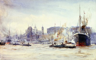 Aktivitätsszene entlang des Irongate Quay an der Themse (England), mit Tower Bridge in der Ferne von William Lionel Wyllie