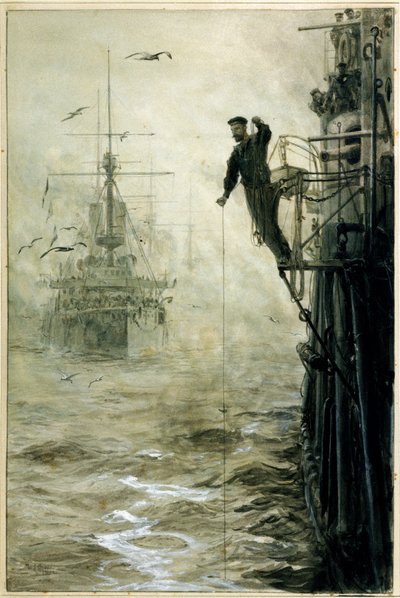 Finde deinen Weg durch den Nebel, mit einem Matrosen, der auf der Landebahn balanciert und eine Senkblei hält, um die Wassertiefe zu messen von William Lionel Wyllie
