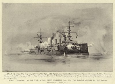 HMS Terrible, wie sie nach Fertigstellung für die See erscheinen wird, der größte Kreuzer der Welt von William Lionel Wyllie