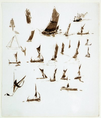 Studien von Hausbooten auf der Themse (England). Gouache aus einem Notizbuch, ca. 1890, von William Lionel Wyllie (1851-1931) von William Lionel Wyllie