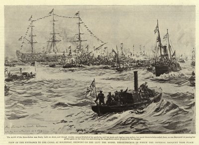 Ansicht des Eingangs zum Kanal in Holtenau, links das Modell eines Dreideckers, in dem das Kaiserliche Bankett stattfand von William Lionel Wyllie