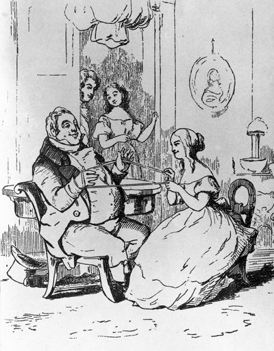 Mr. Joseph Sedley verstrickt von Becky Sharp, Illustration für das 1. Kapitel von Vanity Fair, Roman von William Makepeace Thackeray (1811-1863), Gravur nach einer Zeichnung von William Makepeace Thackeray (1811-1863), veröffentlicht in Chicago 1882 von William Makepeace Thackeray