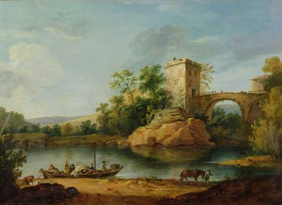 Italienische Flusslandschaft mit Bauern auf einem Kahn und einer Brücke im Hintergrund, ca. 1770 von William Marlow