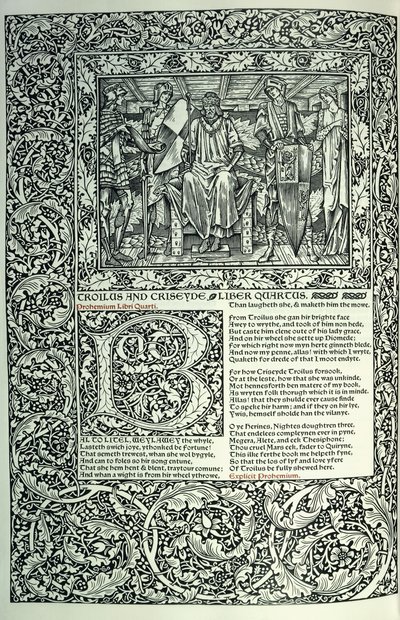 Szene aus "Troilus und Criseyde", historiierte Initiale "B", Manuskript mit ganzseitigem Rand, 1896 von William Morris