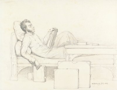 Selbstporträt des Künstlers, auf einer gotischen Couch liegend und ein Buch lesend von William Mulready