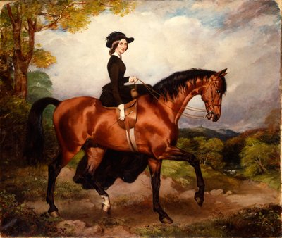 Porträt von Mrs. Thomas Conolly, seitlich im Damensattel in einem schwarzen Reitkleid auf einem kastanienbraunen Jäger sitzend von William Osborne