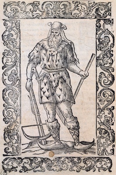 Mann mit Pelzkleidung, Armbrust und Schuhen mit gedrehten Spitzen (Beispiel für rudimentäre Skier), Illustration zugeschrieben Cesare Vecellio, veröffentlicht in Italien im 16. Jahrhundert von Nicolas Toussaint Charlet