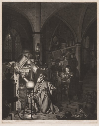 Der Alchimist, auf der Suche nach dem Stein der Weisen, entdeckt Phosphor und betet..., 1775 von William Pether