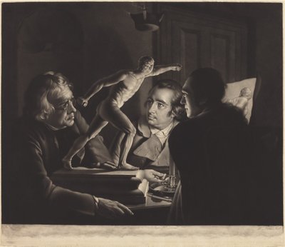 Drei Personen betrachten den Gladiator bei Kerzenlicht von William Pether after Joseph Wright