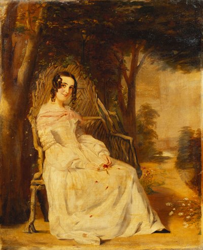 Porträt von Mary Freer, sitzend, klein, in voller Länge auf einem Gartensitz von William Powell Frith