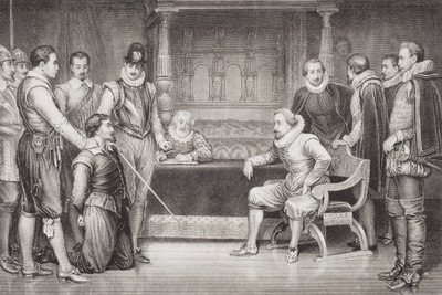 Guy Fawkes (1570-1606) verhört von James I. (1566-1625) und seinem Rat im Schlafzimmer des Königs, aus 