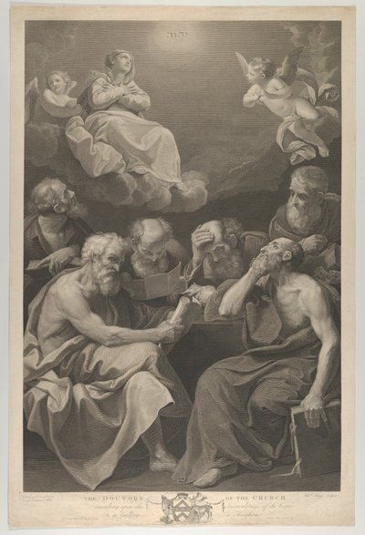 Die Kirchenväter konsultieren Bücher und Dokumente und betrachten die Jungfrau, 1785 von William Sharp