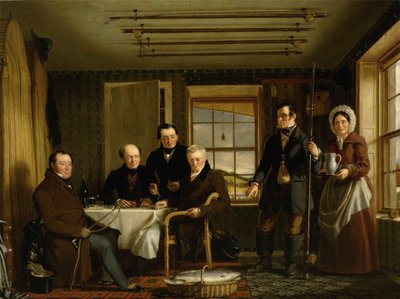 Diskussion über einen Lachsfang in einer schottischen Fischerhütte, ca. 1840 von William Shiels