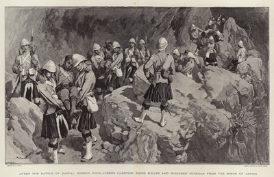 Nach der Schlacht von Dargai, Gordon Highlanders tragen getötete und verwundete Gurkhas vom Schlachtfeld von William Small