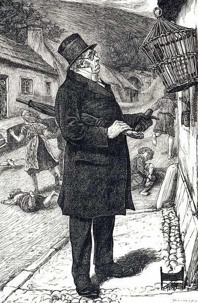 Karikatur, die einen zylinderbehüteten Mann zeigt, der empört ist, weil ein Haustierstarling den Sabbat stört, indem er die Kinder zum Lachen und Schreien bringt von William Small