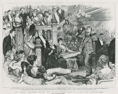 Mr. Albert Chevalier singt eines seiner Coster-Lieder in einem West-End-Salon (Stich) von William Small