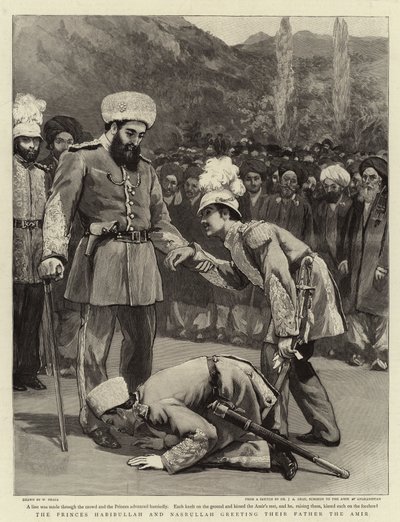 Die Prinzen Habibullah und Nasrullah begrüßen ihren Vater den Amir von William Small