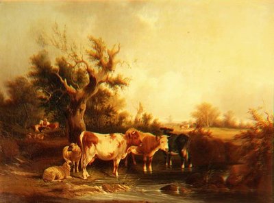 Eine bewaldete Landschaft mit Vieh an einem Bach von William Snr. Shayer