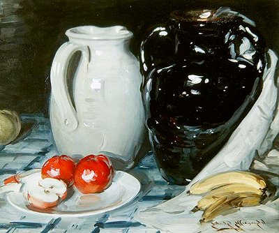 Stillleben mit Äpfeln und Bananen, und einem großen Krug und einer Vase von William Somerville Shanks