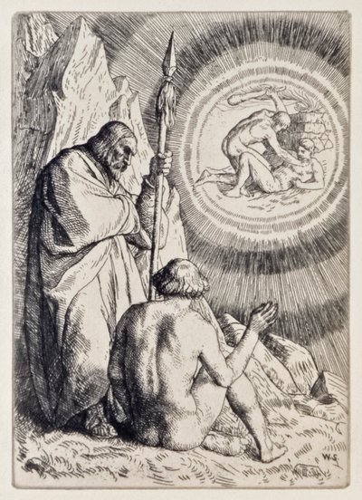 Michael zeigt Adam eine Vision aus Das verlorene Paradies von John Milton, eine Serie von 12 Illustrationen von William Strang von William Strang