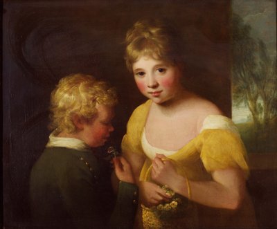 Zwei Kinder mit einem Korb voller Blumen von William Tate