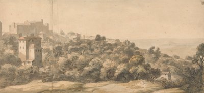 Italienische Landschaft: Dorf auf einem Hügel links, Hang nach rechts abfallend, mit entferntem Tal dahinter von William Taverner