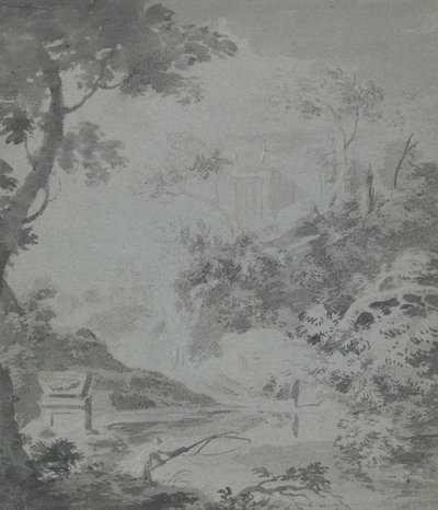 Landschaft mit einem fernen klassischen Gebäude und einem Mann beim Angeln von William Taverner