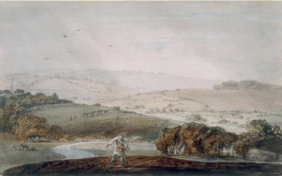 Ein Bauer sät, ein Flusstal und sanfte Hügel im Hintergrund von Joseph Mallord William Turner