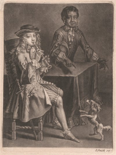 Zwei junge Männer, einer spielt eine Flöte, der andere zeigt auf einen tanzenden Hund von William Vincent