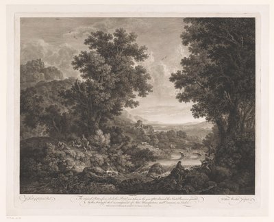 Landschaft mit Figuren um ein Feuer und Zeichner und Schalmeispieler am Ufer eines Flusses von William Woollett