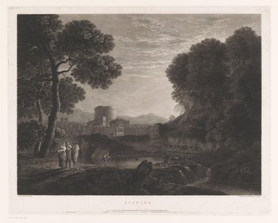 Landschaft mit Tor und Turm am Ufer eines Flusses von William Woollett