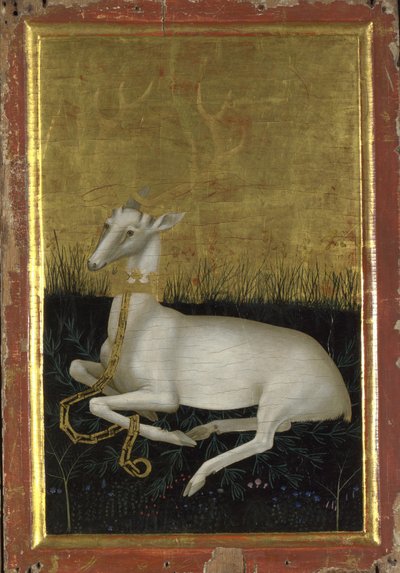Ein weißer Hirsch mit einer Krone um den Hals, Außentafel des Wilton-Diptychons, zwischen 1395 und 1399 von Wilton Master
