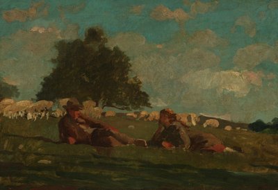 Junge und Mädchen auf einem Feld mit Schafen von Winslow Homer