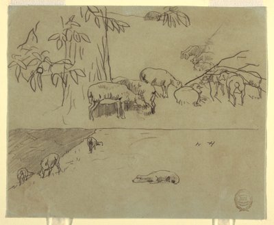Zwei Ansichten von weidenden Schafen auf einem Feld, wahrscheinlich 1875–78 von Winslow Homer