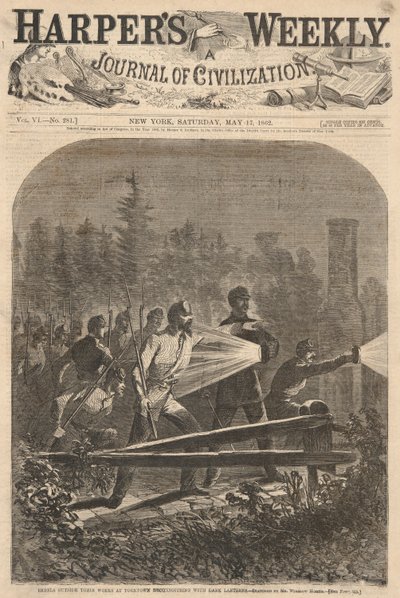 Rebellen außerhalb ihrer Werke in Yorktown, die mit dunklen Laternen erkunden, aus Harper von Winslow Homer
