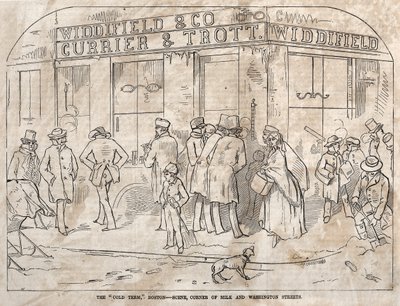 Die kalte Periode, Boston - Szene, Ecke Milk und Washington Streets, 1858 von Winslow Homer